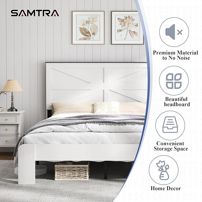 Wooden Bed Frame Queen Size with Headboard, Farmhouse Platform Bedframe with Wood Slat Support, Sturdy Framework Bed Frame, Easy Assembly (Rustic White)
