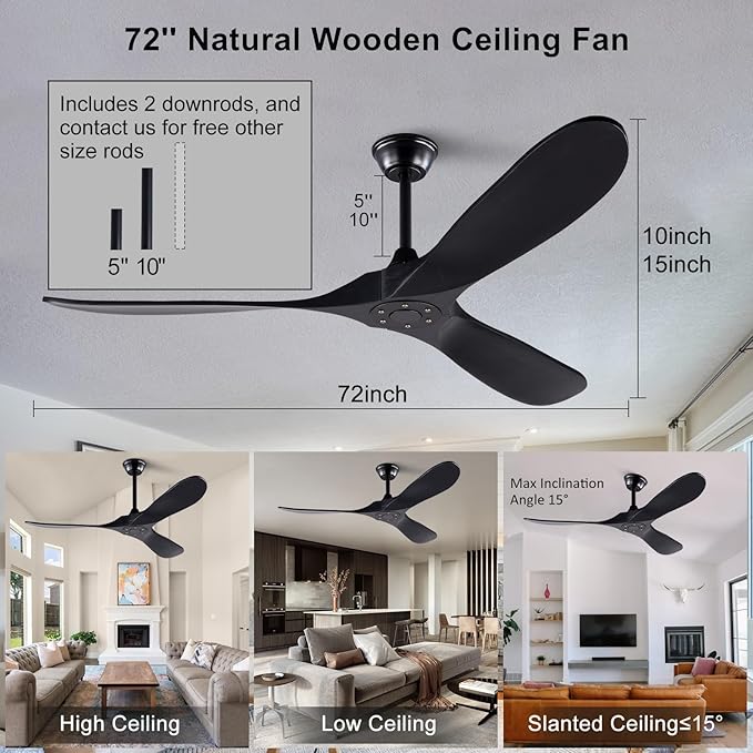 72 inch Ceiling Fan no Light, Quiet Reversible DC Motor Wood Ceiling Fan without Light, Black Modern Ceiling Fan with Remote Control for Outdoor Indoor Farmhouse Patios