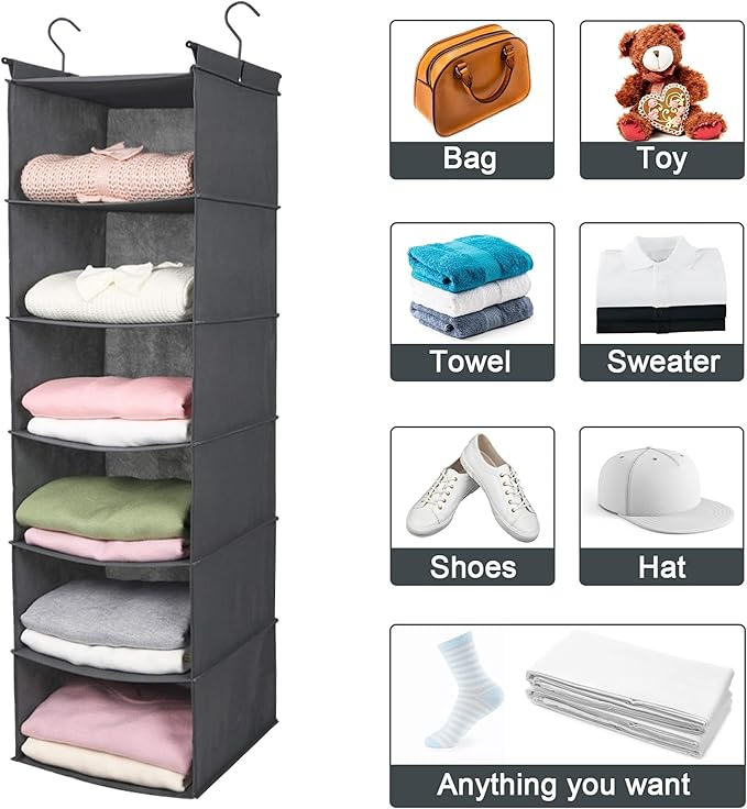 MAX Houser 6 Tier Shelf Hanging Closet Organizer, Closet Hanging Shelf with 2 Sturdy Hooks for Storage, Foldable (Grey)