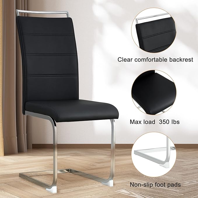 51“ Small Glass Dining Table Set for 4,0.31”Thick Tempered Glass Table Top with 4 Chrome Plate Metal Legs,4 PU Leather Dining Chairs,Modern Kitchen Dinner Room Table Set,for Kitchen Room