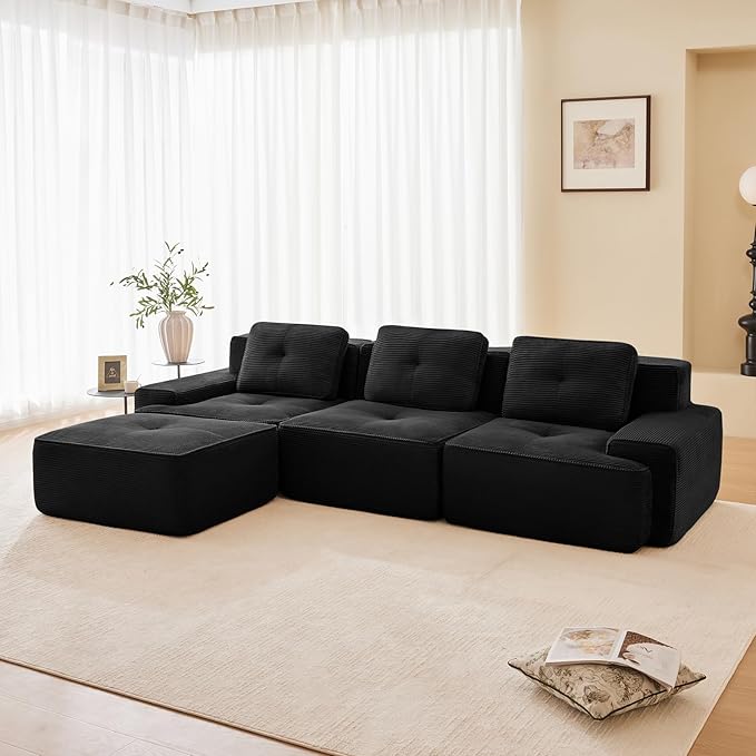 115" Modern Compressed Boneless Couch with Ottoman, 3 Seater Large L Shaped Sectional Couches for Living Room, Black Corduroy Cloud Modular Sectional Sofa, Memory Foam, Extra Deep, No Assembly