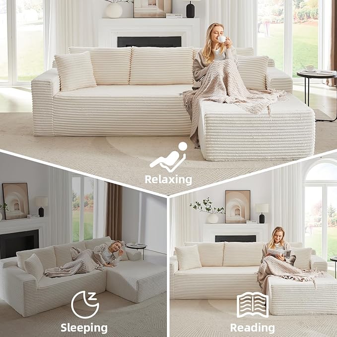 Modular Cloud Sectional Couch with L-Shape Chaise,Modern Upholstered Couches with Deep Seat,Corduroy Sponge Compressed Sofa for Living Room, Bedroom,No Assembly Required(Off White)