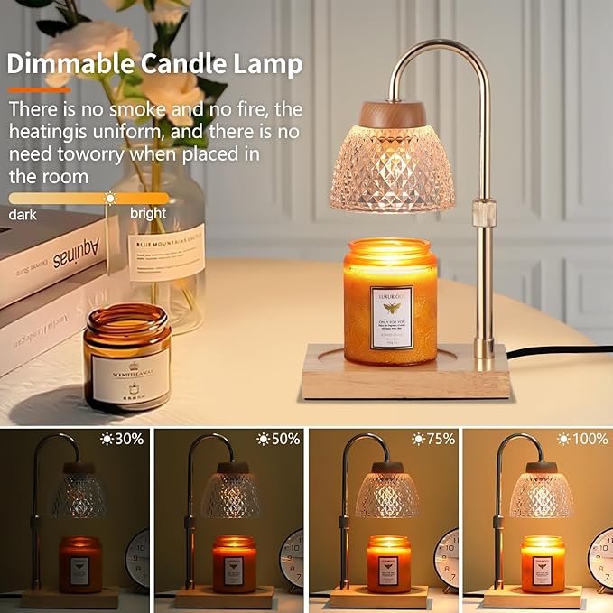 Dimmable Candle Warmer Lamp with Timer, Electric Wax Melt Warmer for Jar Scented Candles Adjustable Height, Mothers Day Birthday Gifts for Women Mom Grandma Home Offices Decor, with 2 Bulbs(Gold)