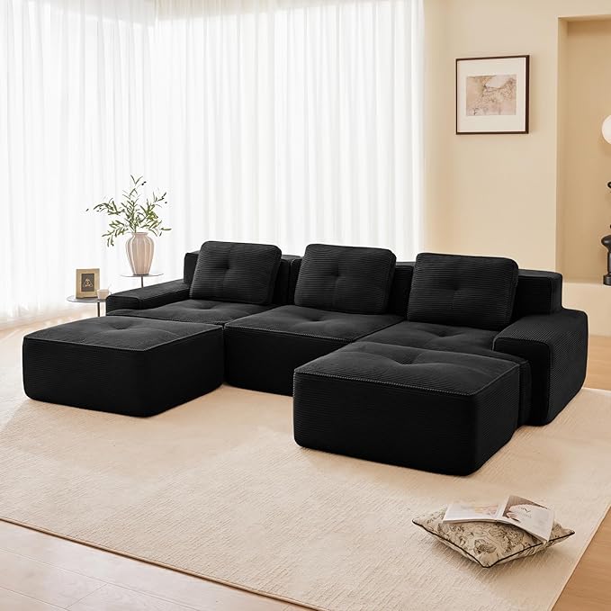 115" Modern Corduroy Cloud Sofa with Ottoman, U Shaped Boneless Modular Large Sectional Couches for Living Room, Black 3 Seater Compressed Memory Foam Couch, Extra Deep Seat, No Assembly