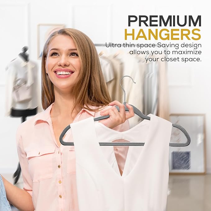 Premium Velvet Hangers 50 Pack Ultra Thin Non Slip Adult Felt Space Saving Slim Suit Hanger for Closet Heavy Duty Coat Pants Jackets Dress Hangers 360° Swivel Hook Hold Upto 10 lbs Gray