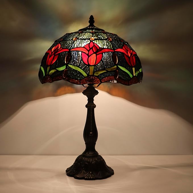 Tiffany Lamps Red Tulip Style Stained Glass Table Lamp Desk Bedside Reading Light 12X12X18.5 Inches with Bronze Resin Base Applicable to Bedroom Living Room Office