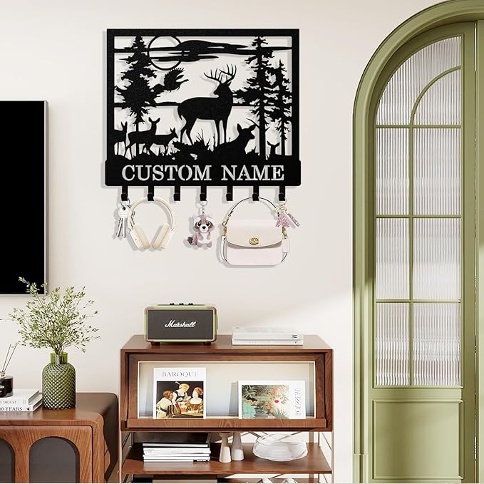 Personalized Deer Forest Key Holder Wall Mount, Custom Metal Keys Hanger for Wall with Name, Custom Key Rack Holder with Hooks for Entryway, Front Door, Hallway, Living Room, Kitchen