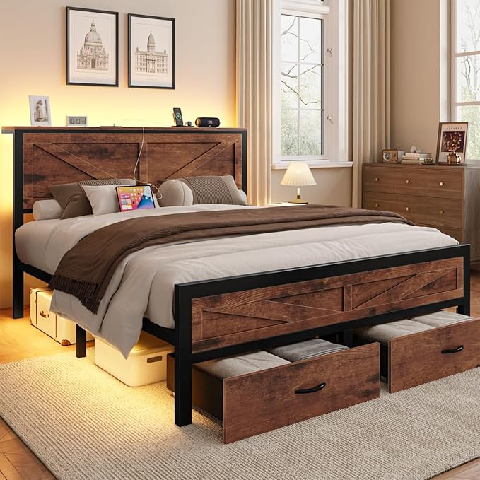 Rustic Full Size Bed Frame with Storage Drawers and Barn Door Headboard, Farmhouse LED Bed Frame Full with Charging Station, Metal Industrial Platform Bed Frames, No Box Spring Needed, Brown
