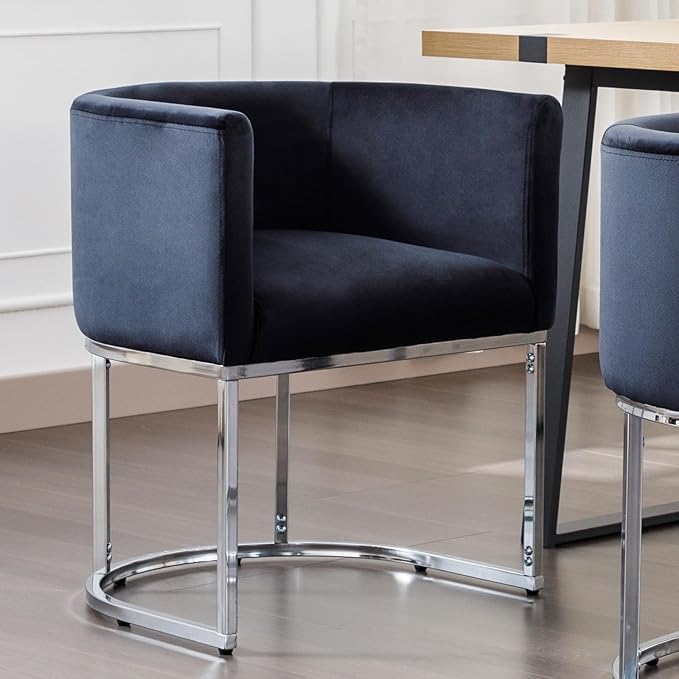 Velvet Dining Chair Modern Barrel Arm Chairs with Chrome Metal Frame, Upholstered Kitchen Chairs 18.5" Wide Accent Chair for Living Room Dining Room Restaurant, Black