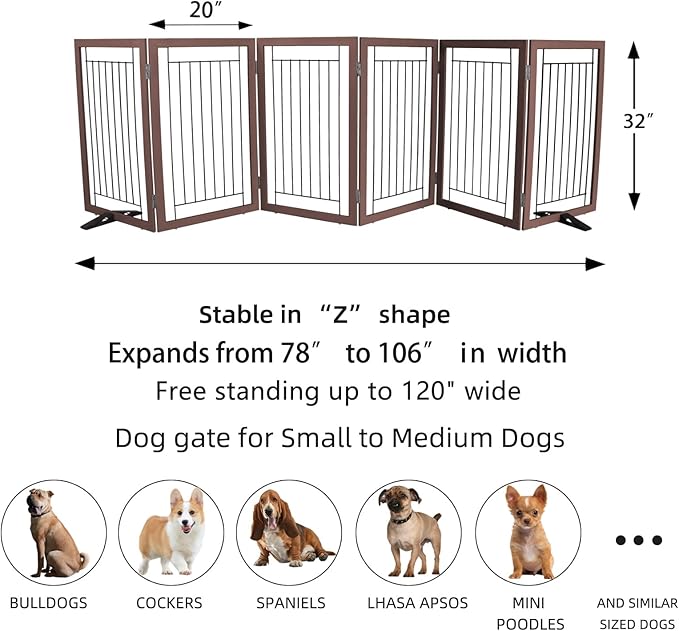 ZJSF Freestanding Dog Gate Indoor, Foldable Dog Fence for Doorways,Hallways or Stairs, Sturdy Wood Extra Wide Pet Gate with Support Feet,Brown,32 "Height-6 Panels