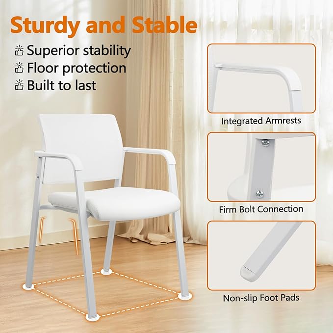 CLATINA Stacking Office Chairs | Mesh Back, Thicken Leather Seat and Streamline Arms, Ergonomic Lumber Support | Guest Reception, Waiting, Conference, School, Party, Customer, Side, Stationary, White