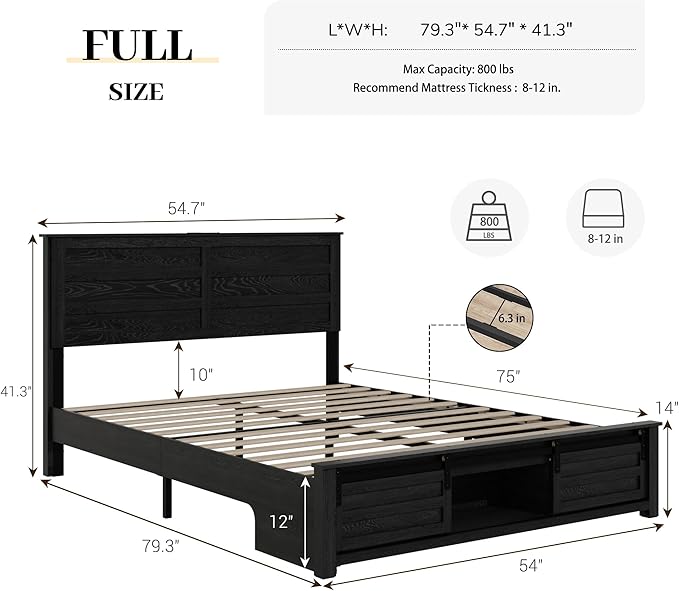 Full Size Bed Frame with Wood Headboard, Wooden Platform Bedframe with Sliding Barn Door Footboard and Charging Station Easy Assembly, No Box Spring Needed (Black, Full)