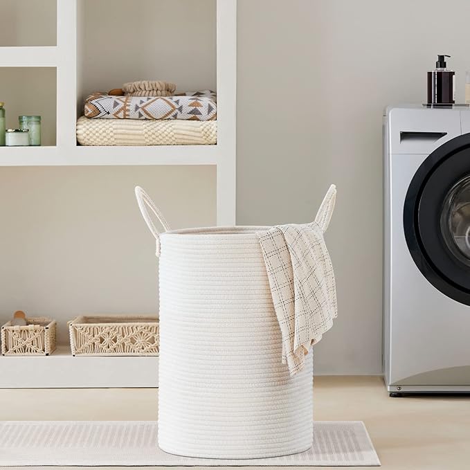 VIPOSCO Large Laundry Hamper, Tall Woven Rope Storage Basket for Blanket, Toys, Dirty Clothes in Living Room, Bathroom, Bedroom - 72L White