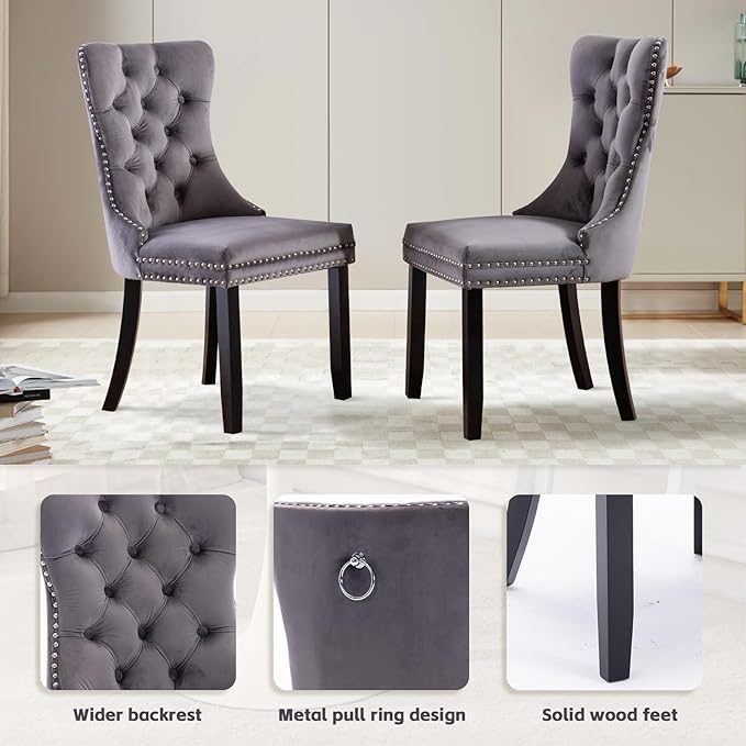 SoarFlash Kitchen Table and Chairs for 2, 31.5" Dining Table Set for 2 with Velvet Upholstered Chairs, 3 Piece Round Kitchen Table Set, Dining Room Table Set for Small Space, Apartment, Grey/Black