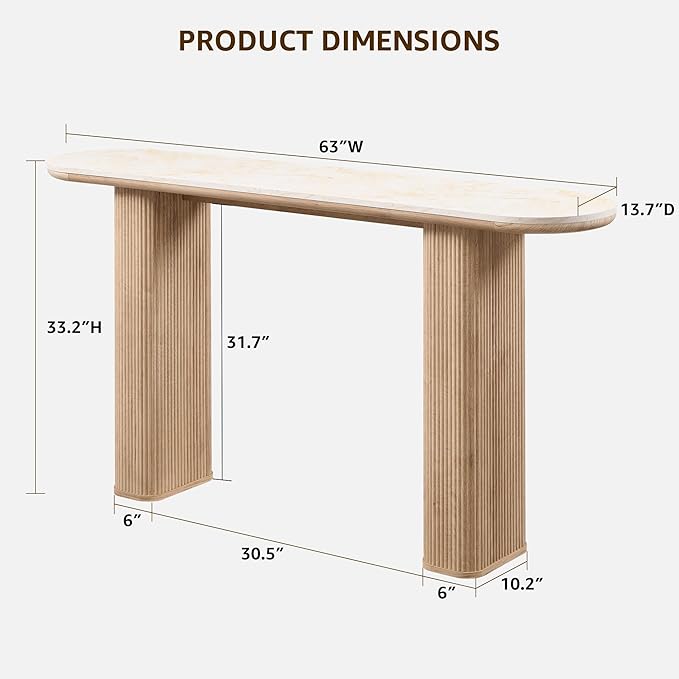 OKD 63 Inch Modern Console Table with Arc Black Marble Texture Top, Fluted Wood Base, Contemporary Entryway Sofa Table for Living Room, Hallway, Foyer, Natural Oak
