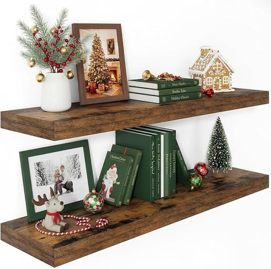 Vivelove 12" Deep Floating Shelves for Wall 36" Long, Wall Shelves for Bedroom Living Room Bathroom Kitchen Laundry Room, Farmhouse Rustic Shelves for Home Decor, 36" X 12" X 2" Set Of 2, Rustic Brown