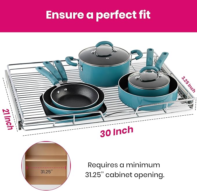 HOLDN’ STORAGE Pull Out Cabinet Organizer, Heavy Duty Caddy w/Lifetime Limited Warranty -30”W x 21”D - Requires At Least 31-1/4” Cabinet Opening, Steel Metal Cabinet Drawers Slide Out, Chrome