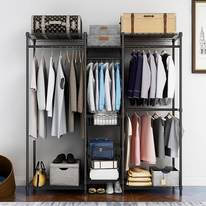 Xiofio 6 Tiers Heavy Duty Clothes Rack with Hanging Rods,Metal Garment Rack,Adjustable Shelves & 2 Slid Storage Baskets,65.0" L x 15.7" W x 76.0" H,Max Load 800LBS,Black