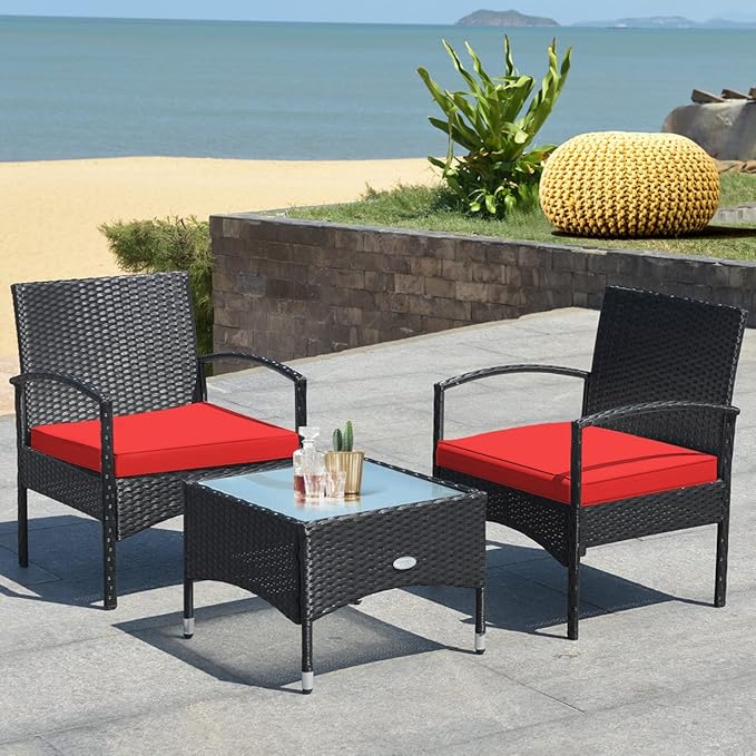 COSTWAY 3 PCS Patio Wicker Conversation Set, PE Rattan Sofa with Tempered Glass Coffee Table, 2 Chairs, 2 Cushions, Outdoor Patio Furniture Set for Yard Porch Bistro Balcony Backyard Pool, Red
