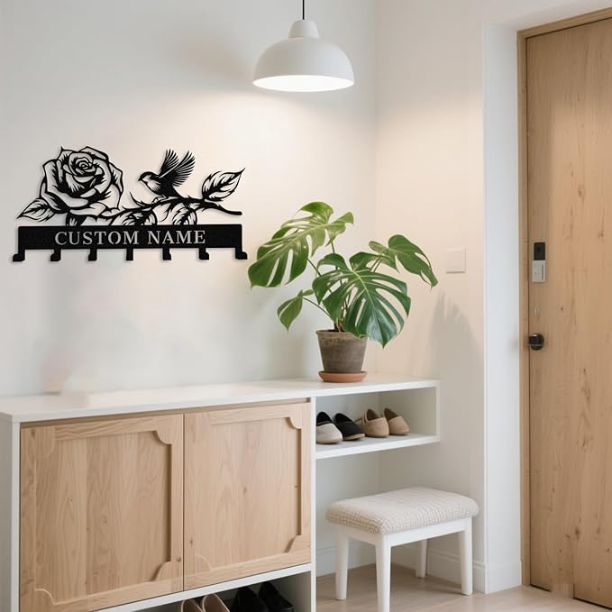 Custom Flower Bird Metal Wall Key Hanger,Personalized Key Hooks with Name,Key Rack Holder Wall Mount for Garden Yard Home,Housewarming Gift Flower