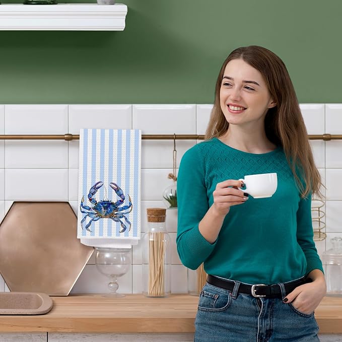 Blue Crab Coastal Bathroom Decor Hand Towels, Coastal Nautical Dish Tea Towels, Blue Striped Beach Ocean Animal Decorative Hand Towel for Bathroom Kitchen, 16x24 Inch