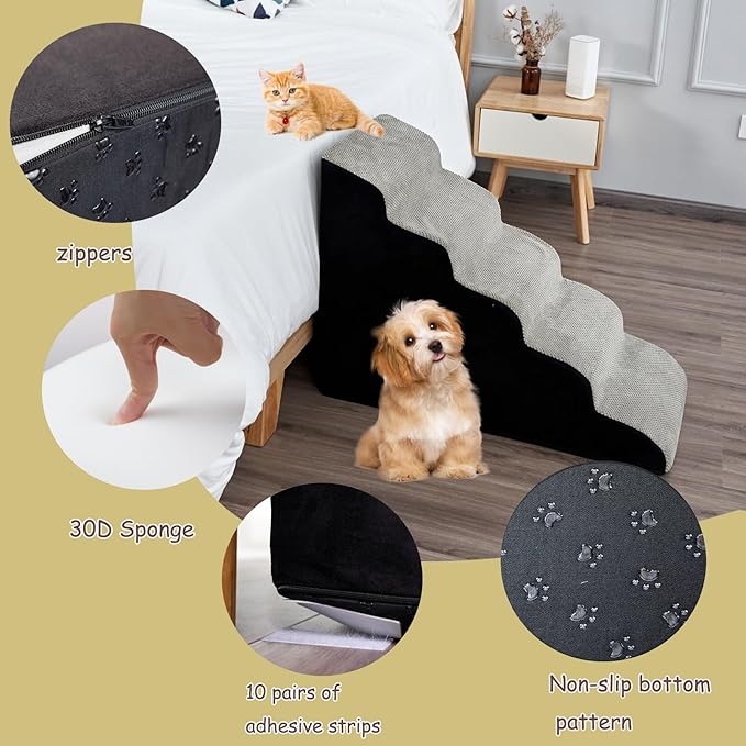24.4 Inches Dog Stairs&Steps for High Beds Up to 24-28" High, Pet Steps for Small Dogs/Cats, Older Pets, Non-Slip 30D High Density Foam Dog Ramp Assembled