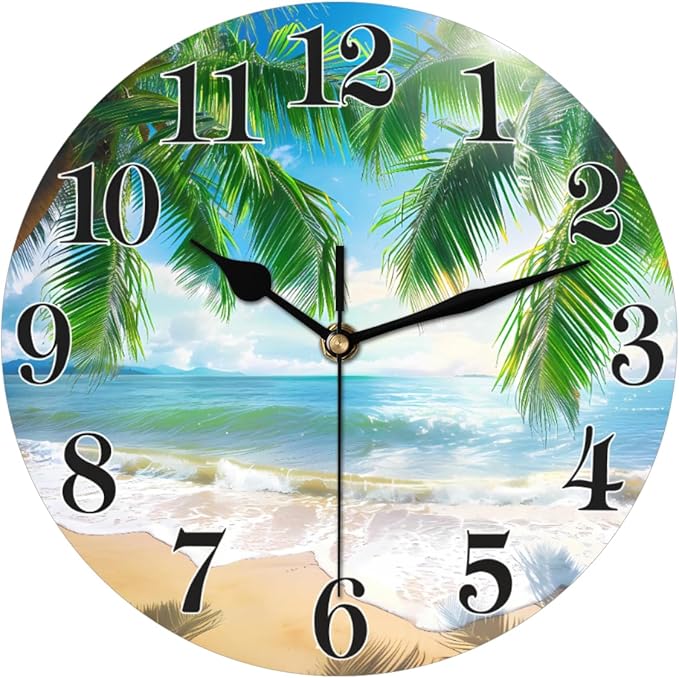 Tropical Beach Coconut Tree Wall Clock Battery Operated 10 in Round Wall Clocks Slilent Non Ticking Quartz Analog Clock for Bedroom Kids Living Room Classroom Decor