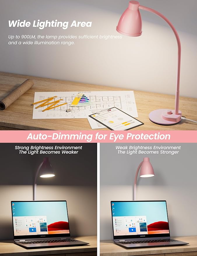 BOHON Cute Desk Lamp with USB Charging Port, Pink Lamp 3 Color Modes Dimmable LED Reading Lamp, Flexible Neck Auto Dimming Table Task Light for Home Office Dorm Bedside, Pink