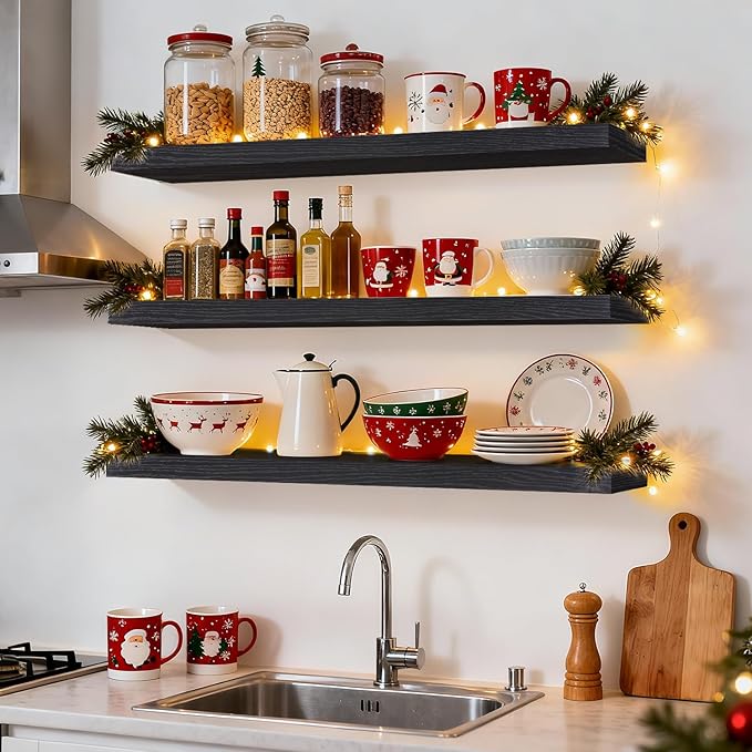 BAYKA Floating Shelves for Wall, 36 inches Long Wall Mounted Rustic Wood Shelves for Bathroom, Bedroom, Living Room, for Book/Storage/Decor with 30lbs Capacity - Black,Set of 3