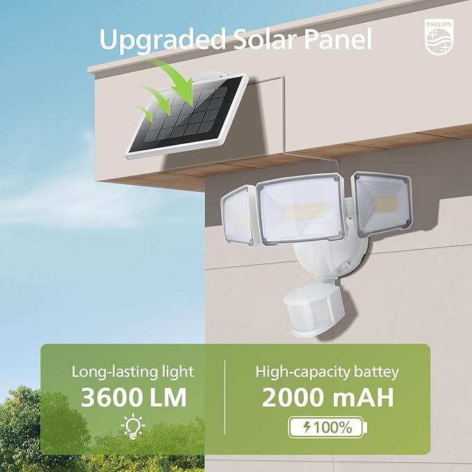 Philips 3600LM Solar Security Lights w/PIR Motion Sensor Outdoor, Waterproof Dimmable, 16ft Cable Separate Solar Panel w/3 Modes LED Flood Lights for Yard, Garage, Porch