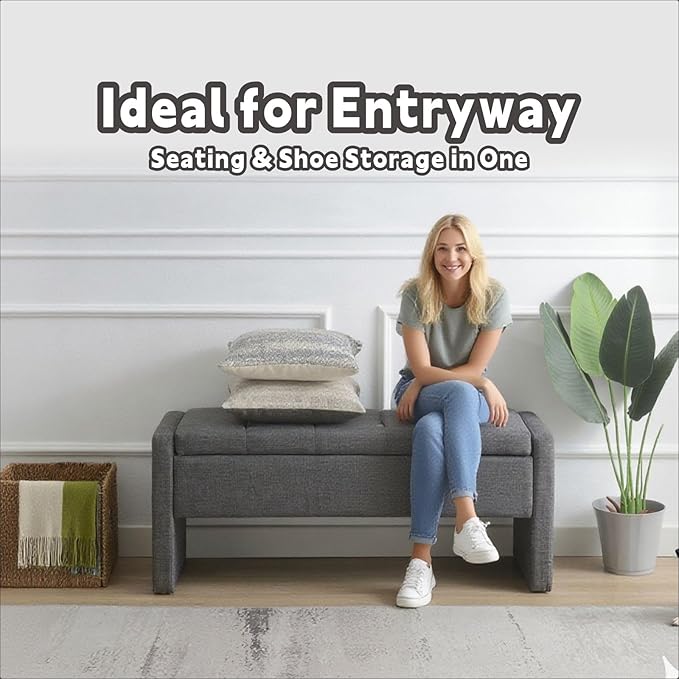 47.25'' Ottoman with Storage, End of Bed Storage Bench, Entryway Bench - Linen Upholstered Multi-Functional Footrest for Bedroom, Living Room, Dorm & Window Bench (Dark Grey)