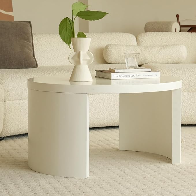 Round Nesting Coffee Table Set of 2, 31.5" Large and 18" Small Low Tables, Modern Wood Grain Tables for Living Room, White
