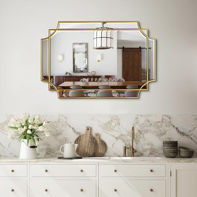Gold Beveled Mirror, 20"x30" Bathroom Vanity Mirrors for Over Sink, Modern Rectangle Mirror with Wood Frame, Elegant Decorative Mirrors for Living Room Bedroom Fireplace Entryway Hallway