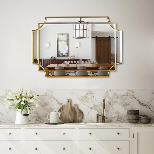 Gold Beveled Mirror, 20"x30" Bathroom Vanity Mirrors for Over Sink, Modern Rectangle Mirror with Wood Frame, Elegant Decorative Mirrors for Living Room Bedroom Fireplace Entryway Hallway