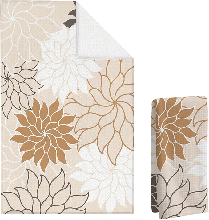 Boho Floral Abstract Waffle Towels, Flower Hand Towel for Bathroom Decor, 16x24 Inch Neutral Brown Flower Dish Tea Towel Decor for Kitchen/Bath/SPA