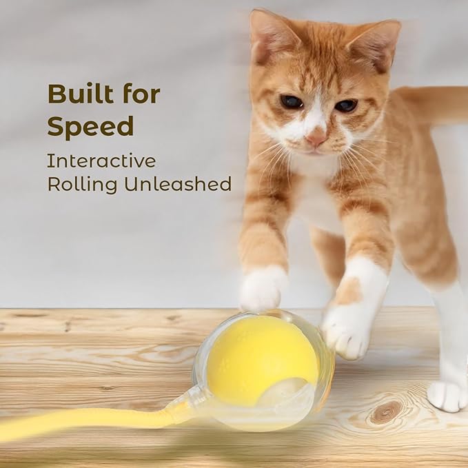 Interactive Cat Toys Ball for Indoor Cats Adult, Auto Moving Interactive Dog Toys,Smart Pet Chase Ball with Speedy Tail Rope, Stimulating Dogs Toy, Yellow