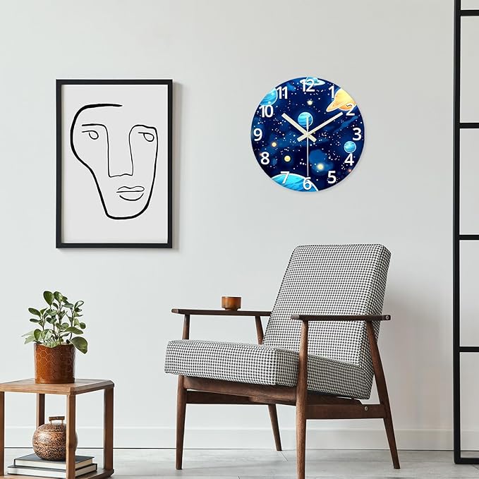 Small Glow in The Dark Wall Clocks Battery Operated 12 Inch Blue Kids Wall Clock Analog Round Silent Wall Clock Bedroom