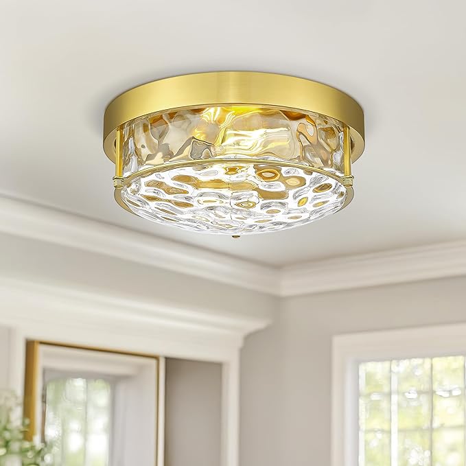 Polished Gold 12" Ceiling Fixture – Hammered Glass, Farmhouse-Inspired Flush Mount for Bedroom, Living Room, or Dining Area - CKCL4822-2W-HGPG