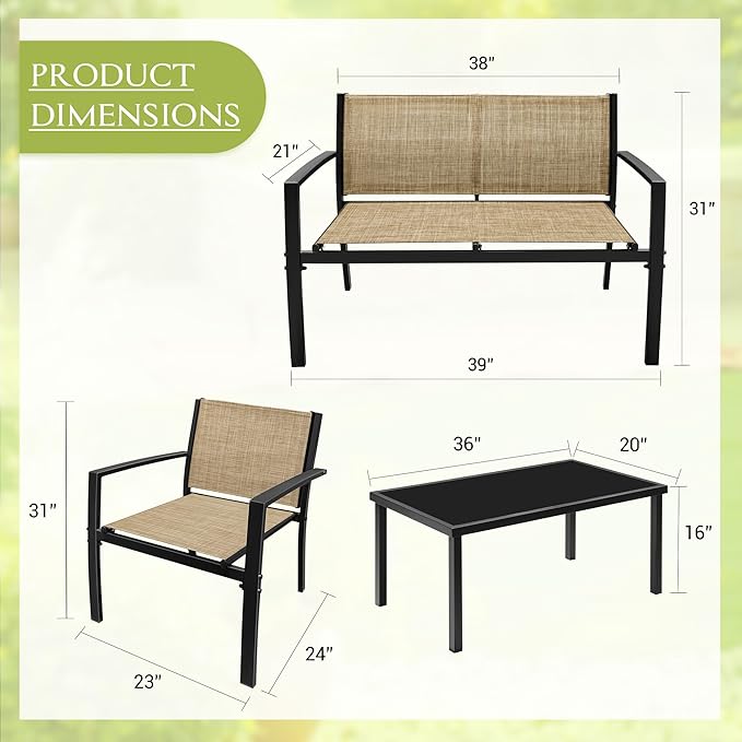 Greesum 4 Pieces Outdoor Furniture Set All Weather Patio Conversation Set with Porch Loveseat, Garden Bistro Chairs with Glass Coffee Table for Garden Backyard Poolside Textile Modern, Yellow