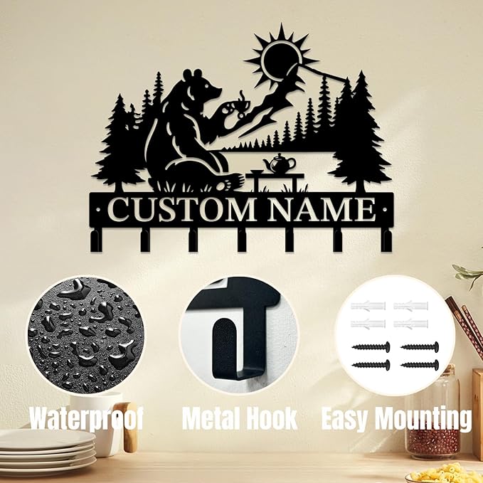 Personalized Custom Name Bear Key Wall Hooks,Metal Bear Keys Clothes Hooks,Metal Bear Wall Home Storage Decorative,For Front Door, Hallway, Kitchen, Bedroom,Keys,Hats (Style C)