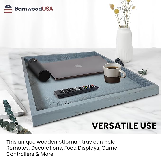 Wooden Ottoman Tray with Felt Pad – Decorative Couch Serving Tray Made with Real Rustic Reclaimed Wood - Perfect for Living Room Ottomans, Sofas, & Coffee Tables -18" x 18"- Slate Blue