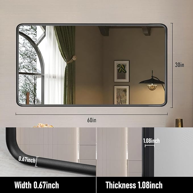 Gold Framed Mirrors for Bathroom,60 x 30 Inch Rounded Conner Rectangle Mirror for Wall, Matte Gold Vanity Mirror with Tempered Glass,Anti-Rust,Hangs Horizontally or Vertically