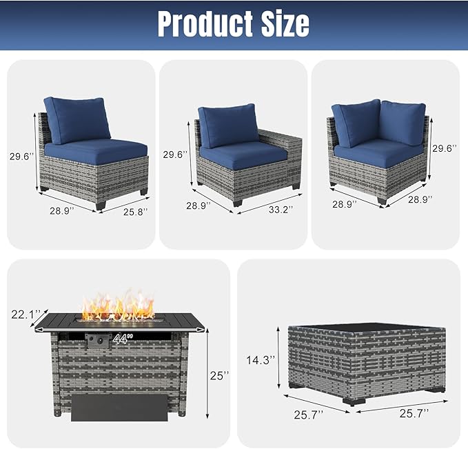 Aoxun 7 Pieces Patio Furniture Set with 44” Fire Pit Table Wicker Rattan Outdoor Sectional Conversation Set with Coffee Table and 4” Thickened Cushions, Gray/Blue(Waterproof Cover Included)