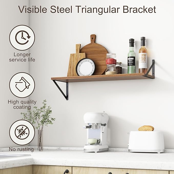 10 Inch Deep Floating Shelves, Walnut Floating Shelves 30 Inch Long, Rustic Wood Wall Shelves 30"W x 10"D, Deep Floating Shelf with Bracket, Wide Storage Shelves for Books, Living Room, Bathroom