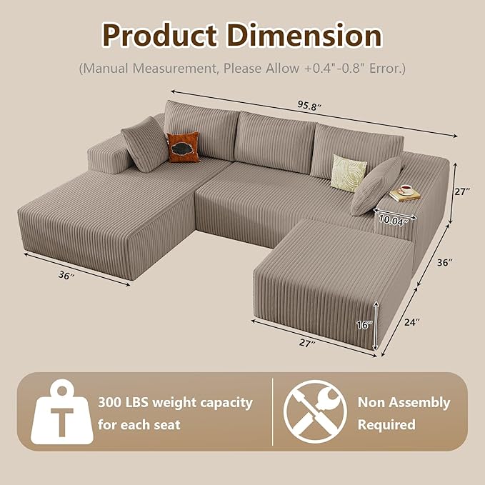 96" U-Shape Cloud Couch, Modern Modular Sectional L-Shape Sofa with Ottoman, Corduroy Upholstered Couches Deep Seat Chaise Longue for Living Room, No Assembly Required(Camel, Left Facing)