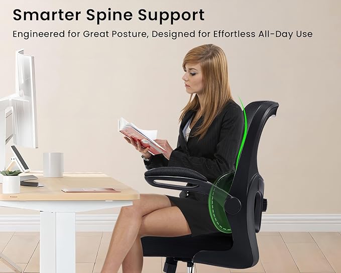 Ergonomic Office Chair, Comfy Desk Chair with Adjustable Lumbar Support, Mesh Computer Chair with Wheels, Flip-up Armrests, Swivel Rolling Executive Chair for Home Office, Gaming, Black