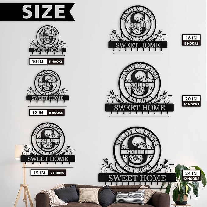 Personalized Key Holder for Wall - Custom Family Name Metal Wall Key Hanger, Key Hooks with Monogram Design, Anniversary Couple Gifts, Key Rack Holder Wall Mount for Living Room, Bedroom