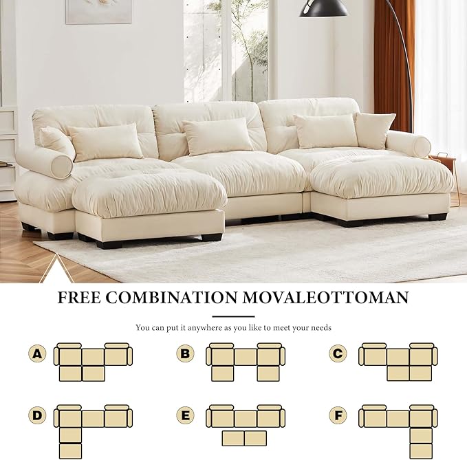 130" Oversized 3 Seater Modular Sectional Sofa, Beige White Large U Shaped Sectional Couches for Living Room, Fluffy Couch Set, Velvet Cloud Couch with Ottoman