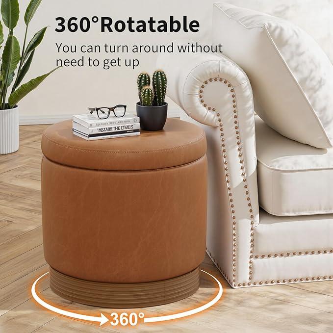 Round Storage Ottoman,Swivel Vanity Stool-Leather Foot Rest,Upholstered Footstool Pouf with Sturdy Acacia Wood Frame(500 lbs),Small Coffee Table & Hidden Storage Ottoman for Living Room