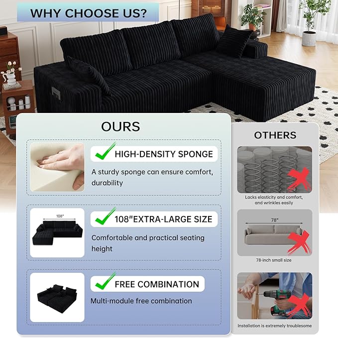 108" Sectional Couches for Living Room, Modular Sectional Sofa with L-Shape Chaise, Boneless Couch, Comfy Corduroy Fluffy Couch with Deep Seat and Side Pockets, No Assembly Required